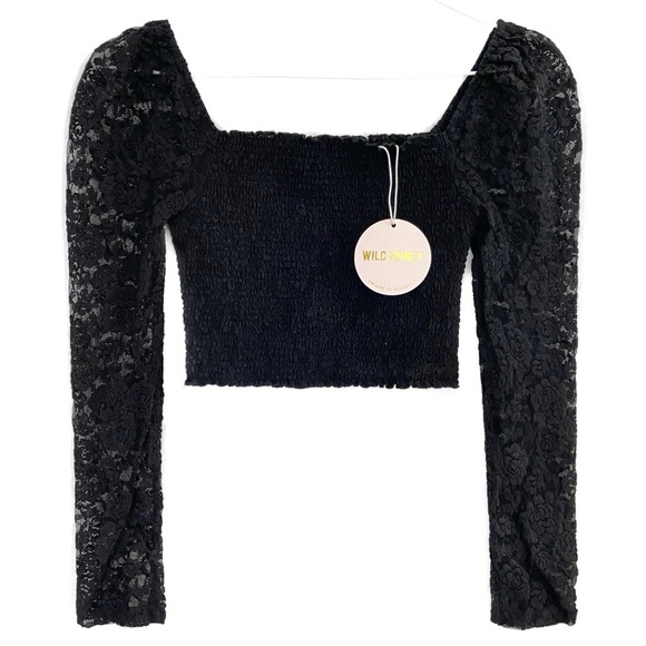WILD HONEY Long Puff Sleeve Lace Shirred Crop Top - Picture 1 of 8